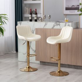 Chrome Footrest and Base Swivel Height Adjustable Mechanical Lifting Velvet + Golden Leg Simple Bar Stool; Set of 2; Ivory