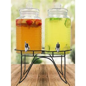 Hammered Glass Double Beverage Drink Dispenser On Stand With Leak Free Spigot, 1 Gallon Each