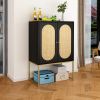 2 Door High Cabinet,Natural Rattan 2 Door high cabinet,Built-in adjustable shelf,Easy Assembly,Free Standing Cabinet for Living Room Bedroom,Hallway