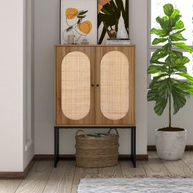 Natural Rattan 2 Door high cabinet, Built-in adjustable shelf, Easy Assembly, Free Standing Cabinet for Living Room Bedroom Hallway (Color: Walnut)