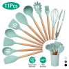 11Pcs Silicone Cooking Utensil Set Heat Resist Wooden Handle Silicone Spatula Turner Ladle Spaghetti Server Tongs