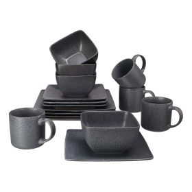 Dark Gray Square Stoneware 16-Piece Dinnerware Set (Color: Black)