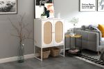 Natural Rattan 2 Door high cabinet, Built-in adjustable shelf, Easy Assembly, Free Standing Cabinet for Living Room Bedroom Hallway